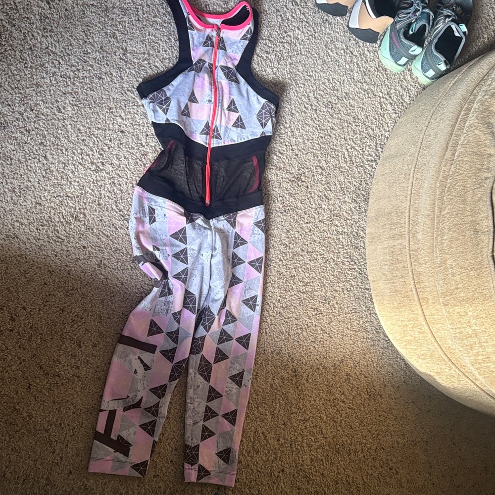 Geometric Patterned Jumpsuit with Pink Accents